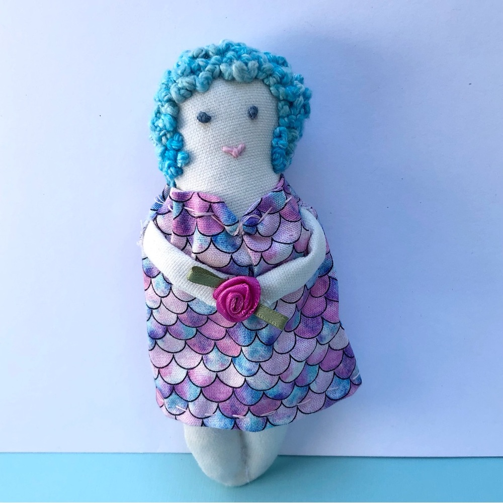 Pocket sized doll in stocking Christmas ornament mini embroidery